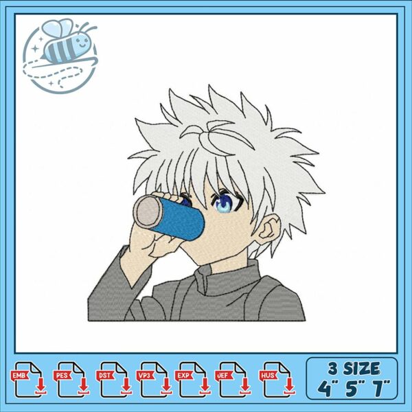 Anime Character Drinking Embroidery Design in 3 Sizes