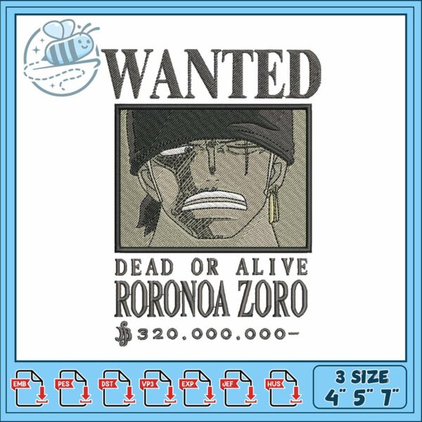 Bounty roronoa zoro embroidery, one piece zoro​ ​embroidery