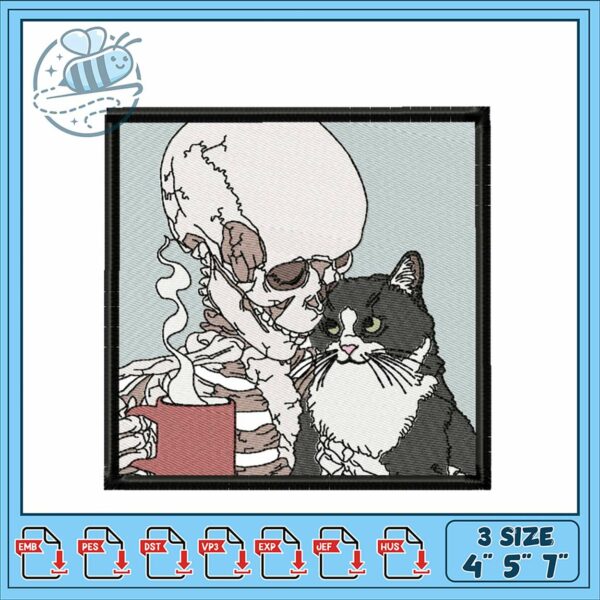 Charming Skeleton and Cat Embroidery Design Set