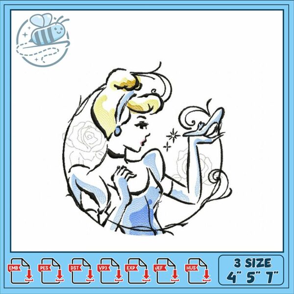 Cinderella Embroidery Design Three Sizes Available