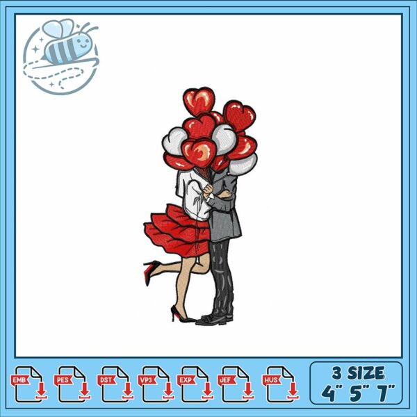 Couple Embracing with Balloons Embroidery Design