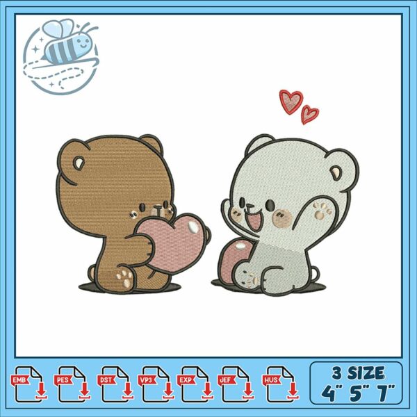 Cute Bear Embroidery Design with Hearts 3 Sizes