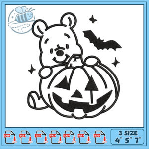 Cute Bear Halloween Pumpkin Embroidery Design 3 Size