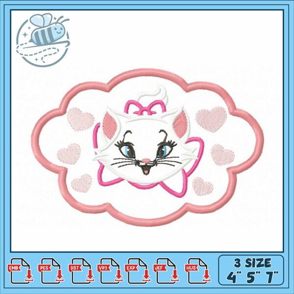 Cute Cat Embroidery Design with Hearts and Bow 4×5 7