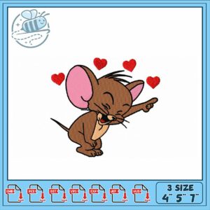 Cute Mouse Embroidery Design with Hearts 3 Sizes