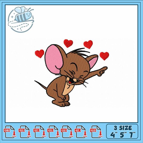 Cute Mouse Embroidery Design with Hearts 3 Sizes