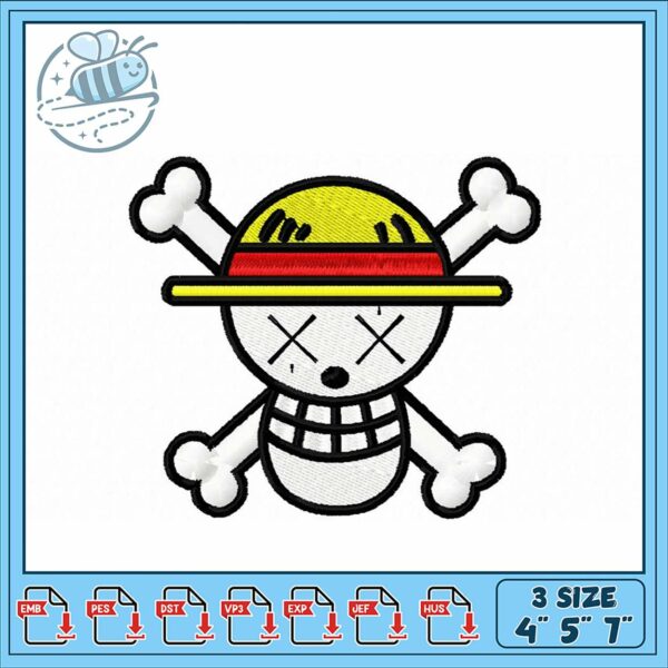 Cute Pirate Skull Embroidery Design Files 3 Sizes
