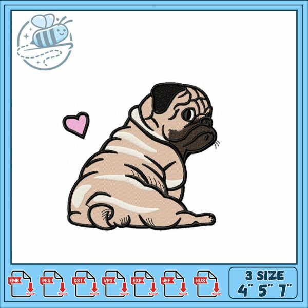Cute Pug Embroidery Design for Pet Lovers Three Sizes