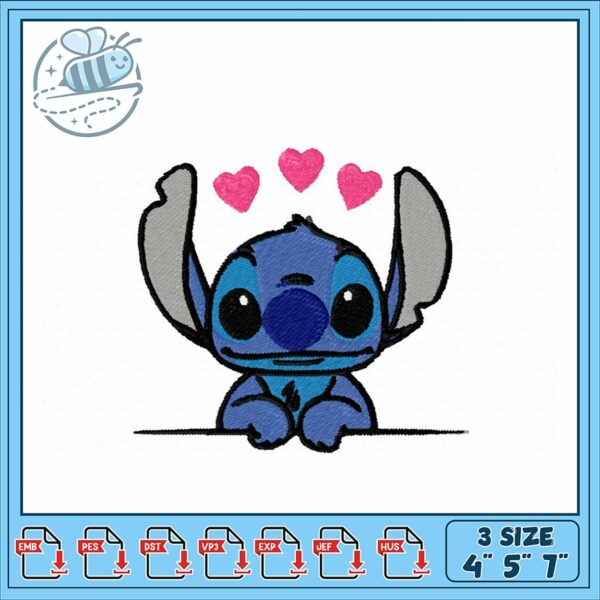 Cute Stitch Embroidery Design with Hearts 4x5x7