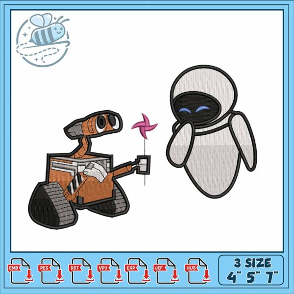 Cute Wall-E and Eve Embroidery Design Set 4×5 7×7