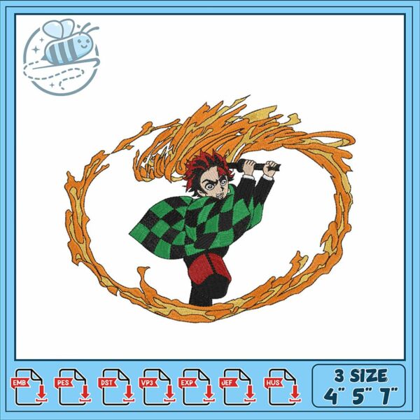 Dynamic Anime Embroidery Design with Flames