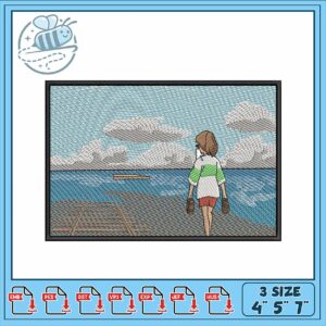 Embroidery Design Beach Scene with Figure Walking