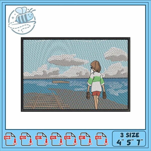 Embroidery Design Beach Scene with Figure Walking