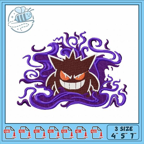 Embroidery Design Gengar Character with Purple Smoke