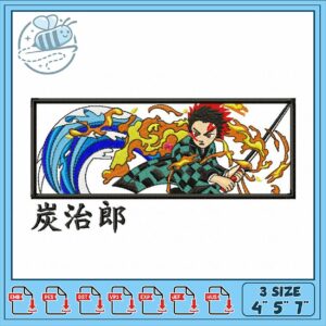 Embroidery Design of Warrior with Fire and Waves