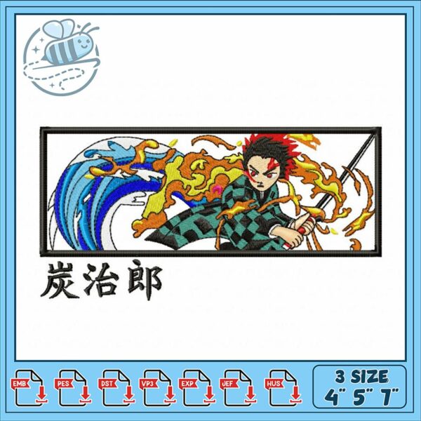 Embroidery Design of Warrior with Fire and Waves