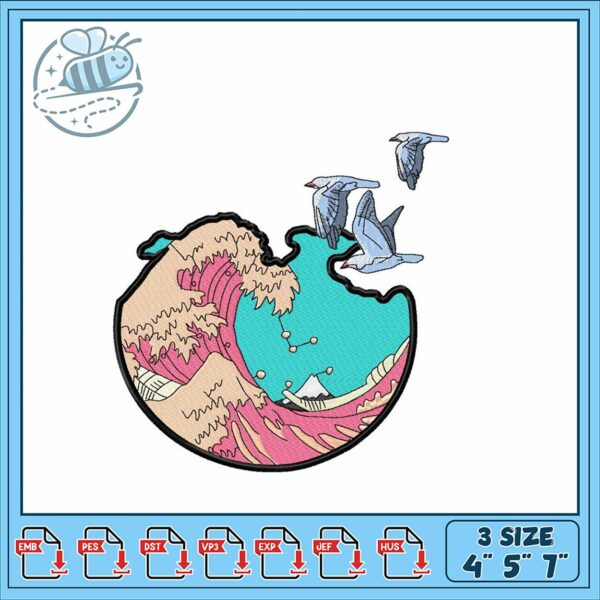 Embroidery Design of Waves and Birds in Nature Art
