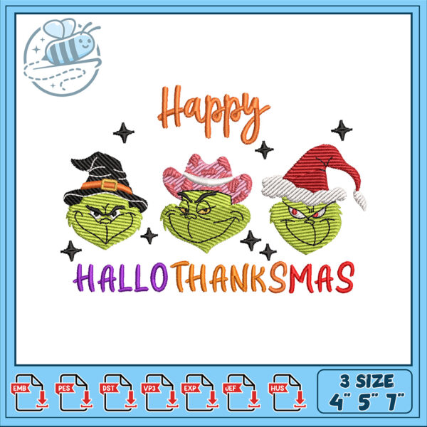 Happy Halloween Thanksgiving Christmas Embroidery Design