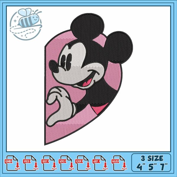 Mickeyy half heart embroidery, mickey mouse outline​ embroidery
