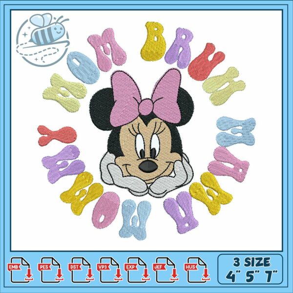 Minnie bow pink embroidery, disney minnie mouse embroidery
