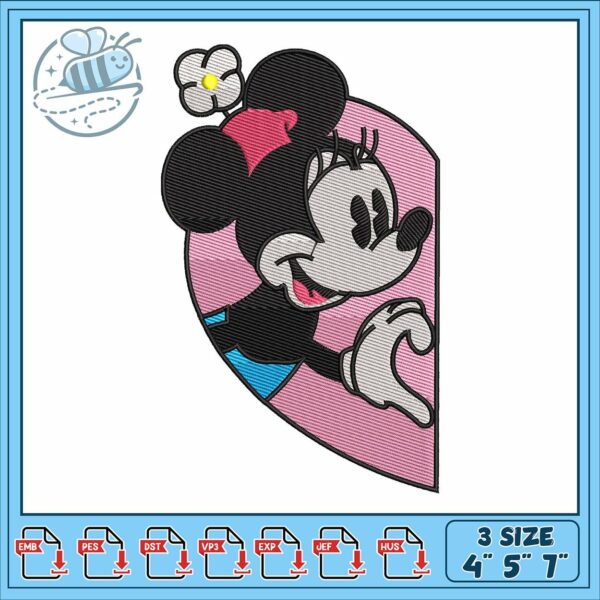 Minnie half heart embroidery, minnie mouse heart​​ embroidery