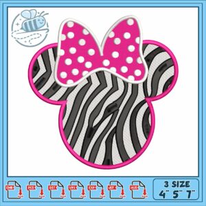 Minnie head zebra design embroidery, disney minnie van embroidery