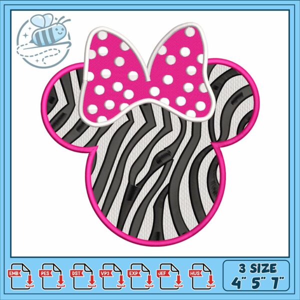 Minnie head zebra design embroidery, disney minnie van embroidery