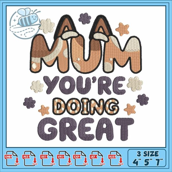 Mum doing great art embroidery, muffins bluey​ embroidery