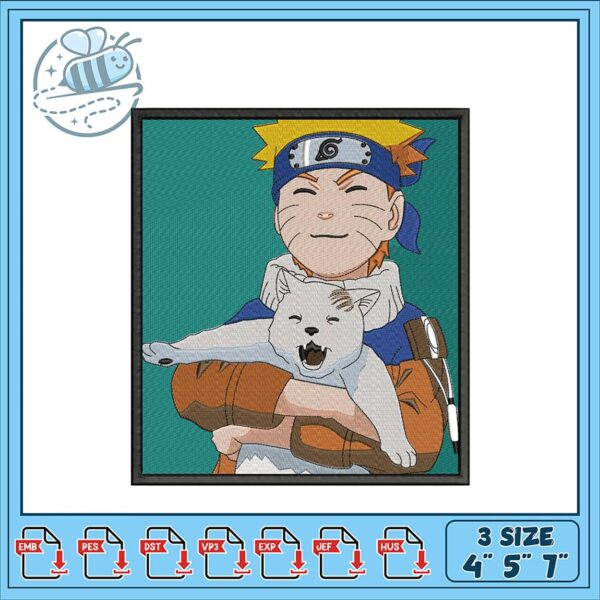Naruto and White Cat Embroidery Design File 3 Sizes