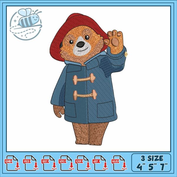 Paddington bear raise hand design embroidery, paddington film​ embroidery