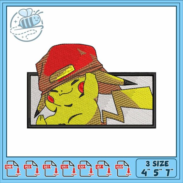 Pikachu wear hat design embroidery, pikachu v​ embroidery