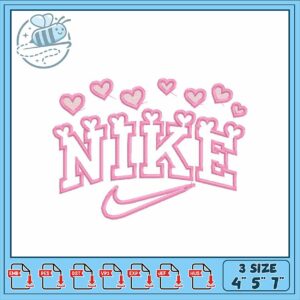 Pink Nike Embroidery Design with Hearts Love Theme
