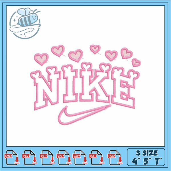 Pink Nike Embroidery Design with Hearts Love Theme