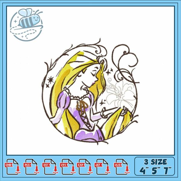 Princess Embroidery Design Beautiful Hair Art 4×5 7