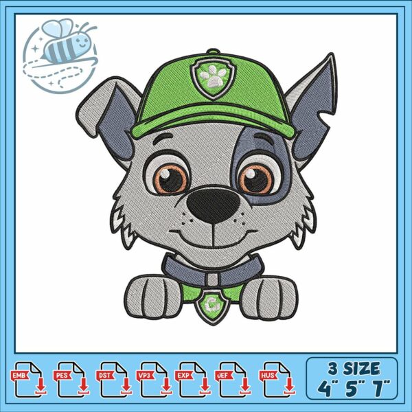 Rocky dog patrol face embroidery, paw patrol dog names​​ embroidery