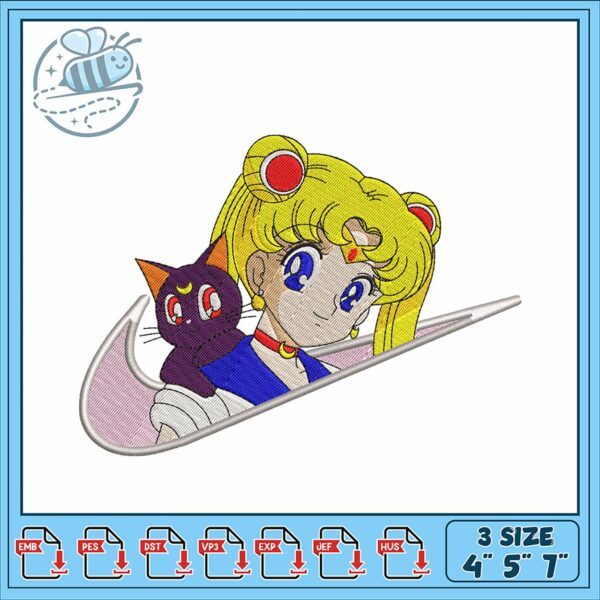 Sailor Moon Embroidery Design with Cat Companion