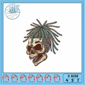 Skull Embroidery Design with Dreadlocks for Crafts