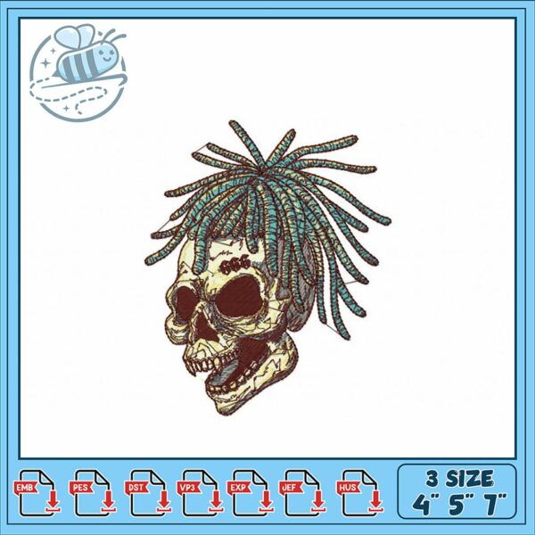 Skull Embroidery Design with Dreadlocks for Crafts