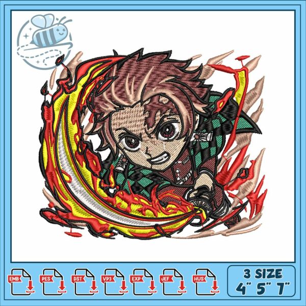 Tanjiro chibi fire art embroidery, tanjiro fire breathing​​ embroidery