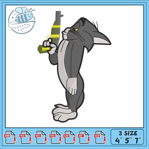 Tom and gun design embroidery, cat tom cartoon​​​ embroidery