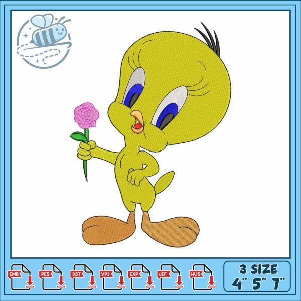 Tweety flower design embroidery, tweety bird gender embroidery